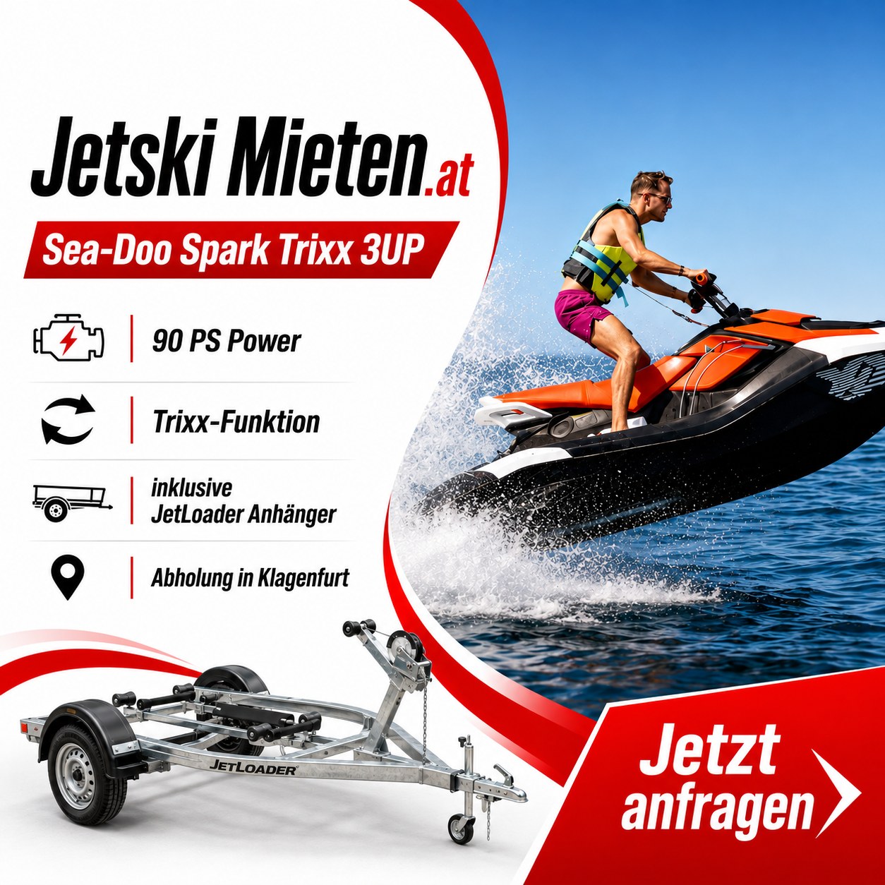 Jetski mieten – Sea-Doo Spark Trixx 3UP mit JetLoader Anhänger | jetski-mieten.at