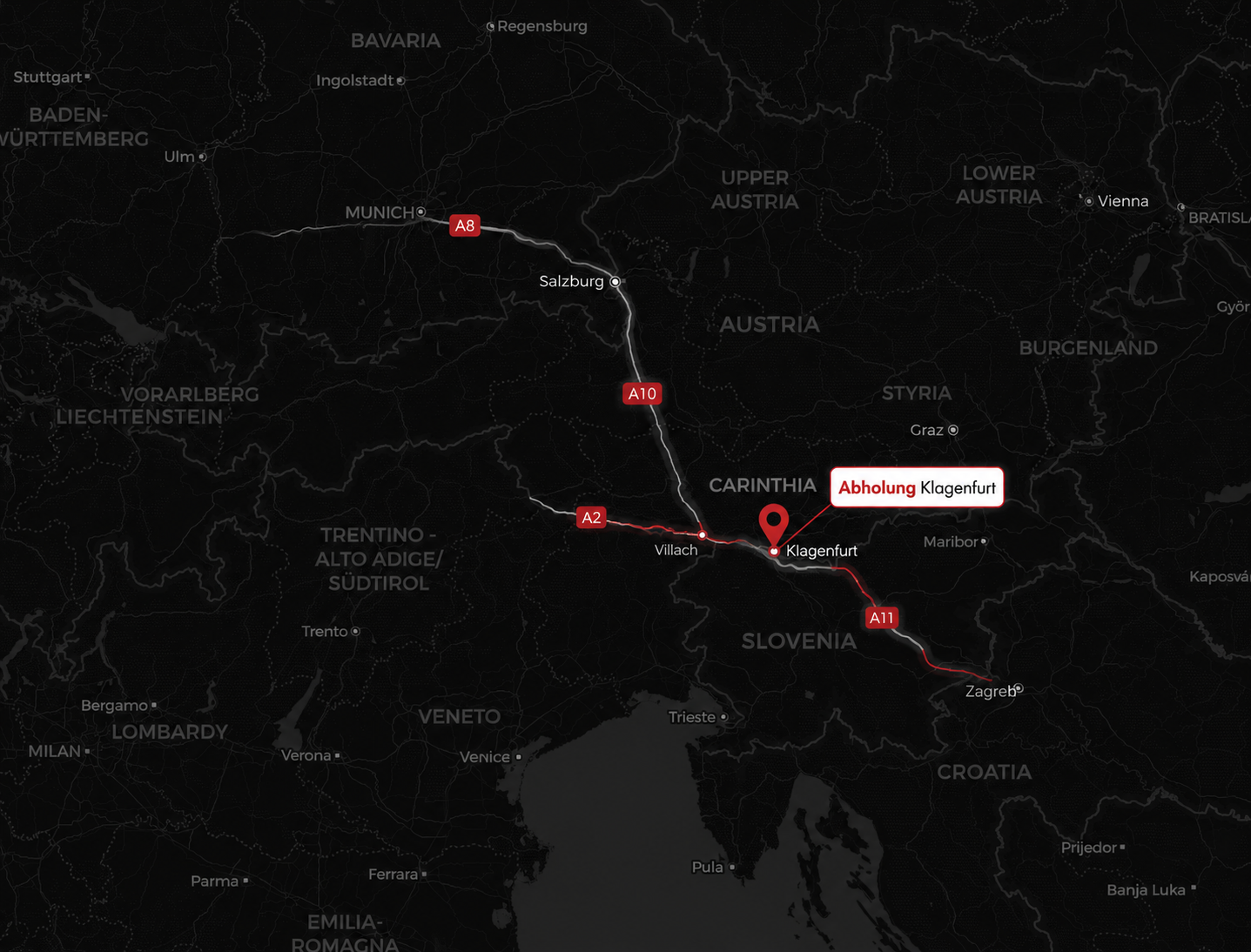 Anfahrtskarte: Abholung in Klagenfurt, Villach und Liebenfels in Kärnten